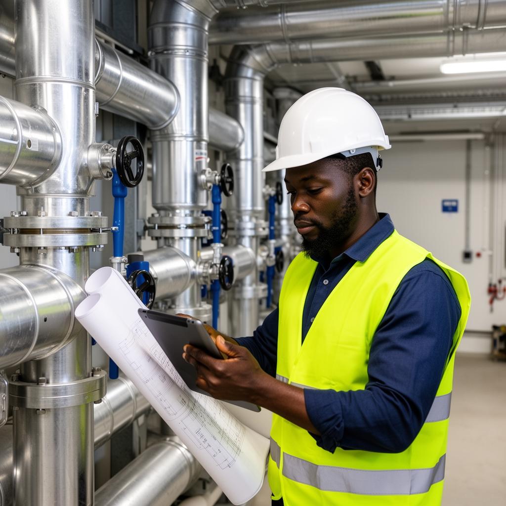 Engineer reviewing blueprints on site