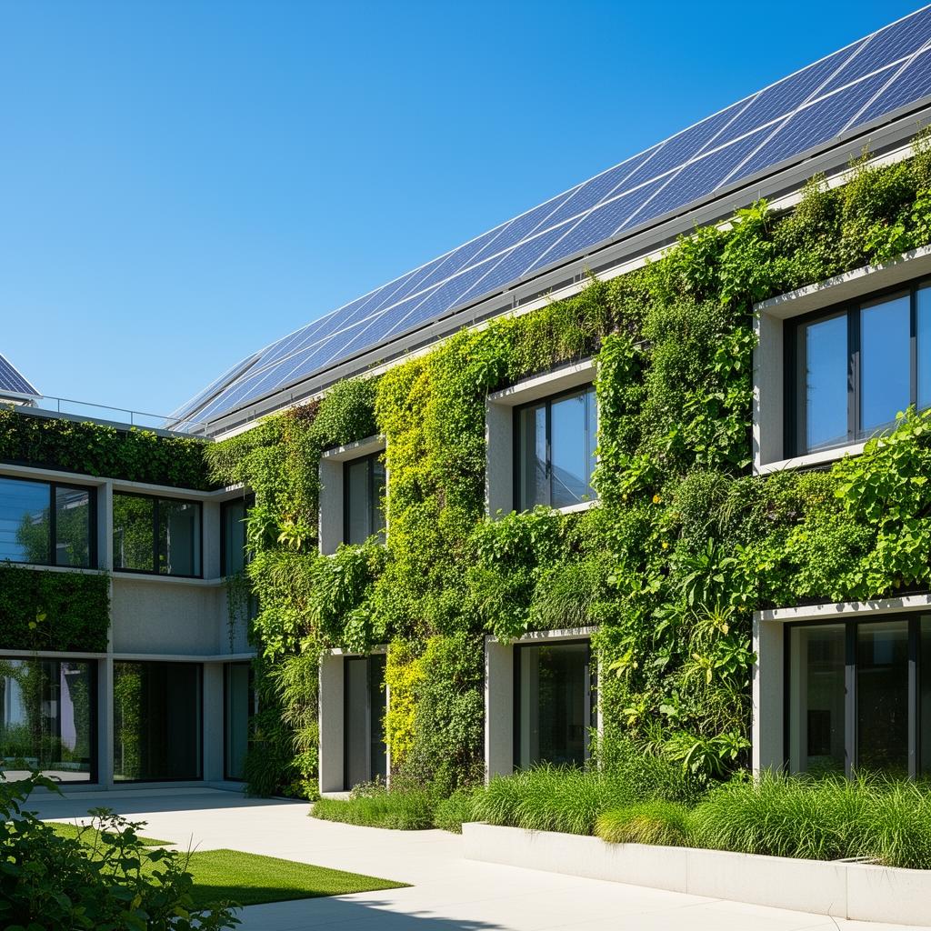 Sustainable green building with solar panels